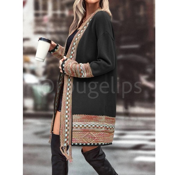 Black Cardigan Aztec Western Bohemian Print Knit Long Sleeve - Picture 3 of 16